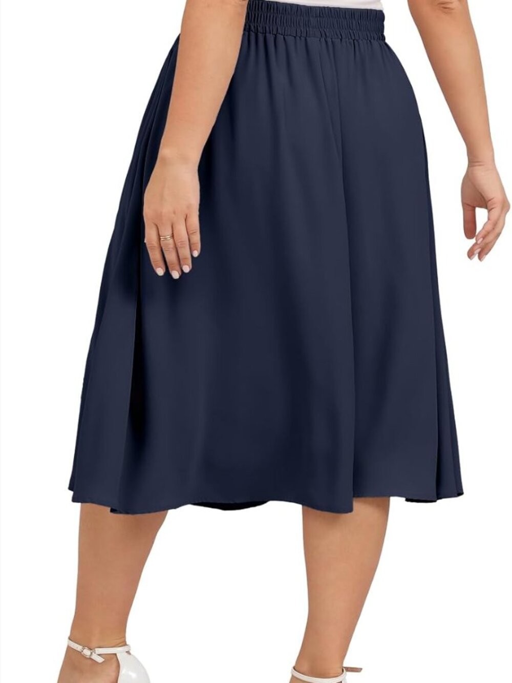 Xpenyo Women's Plus Size Navy Blue Midi Skirt 2XL High Waist Belted A-Line Pocke - Picture 2 of 4